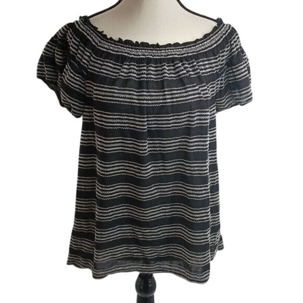 Max Studio Womens XS Black White Off Shoulder Short Sleeve Boho Top